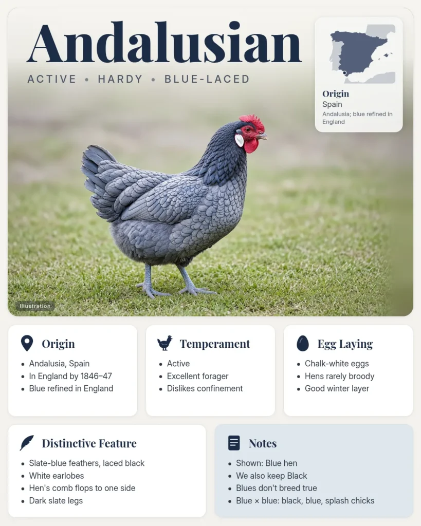 Andalusian chicken breed info card: illustration of a Blue Andalusian hen with slate-blue laced feathers, with origin, temperament, eggs and distinctive feature facts