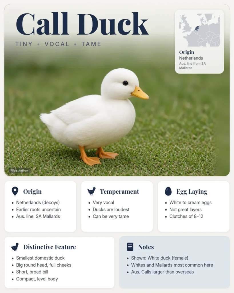Call duck breed info card: illustration of a small white Call duck with a short yellow bill, with origin, temperament, eggs and distinctive feature facts