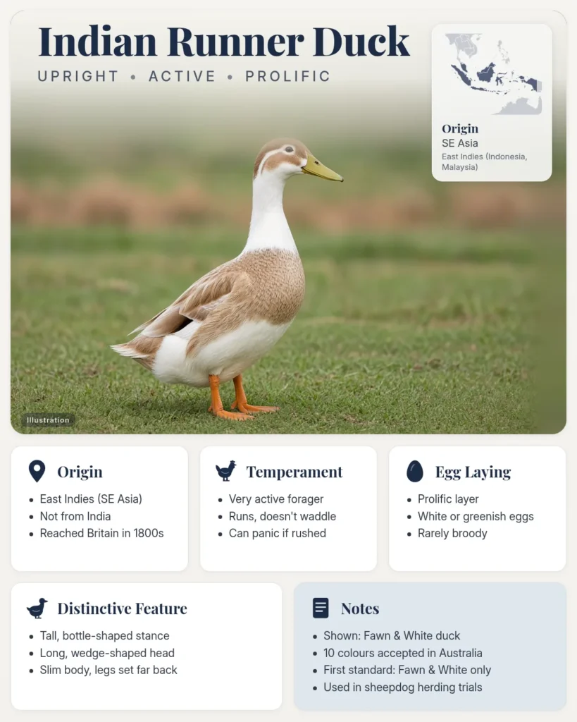 Indian Runner duck breed info card: illustration of an upright fawn-and-white Indian Runner duck, with origin, temperament, eggs and distinctive feature facts