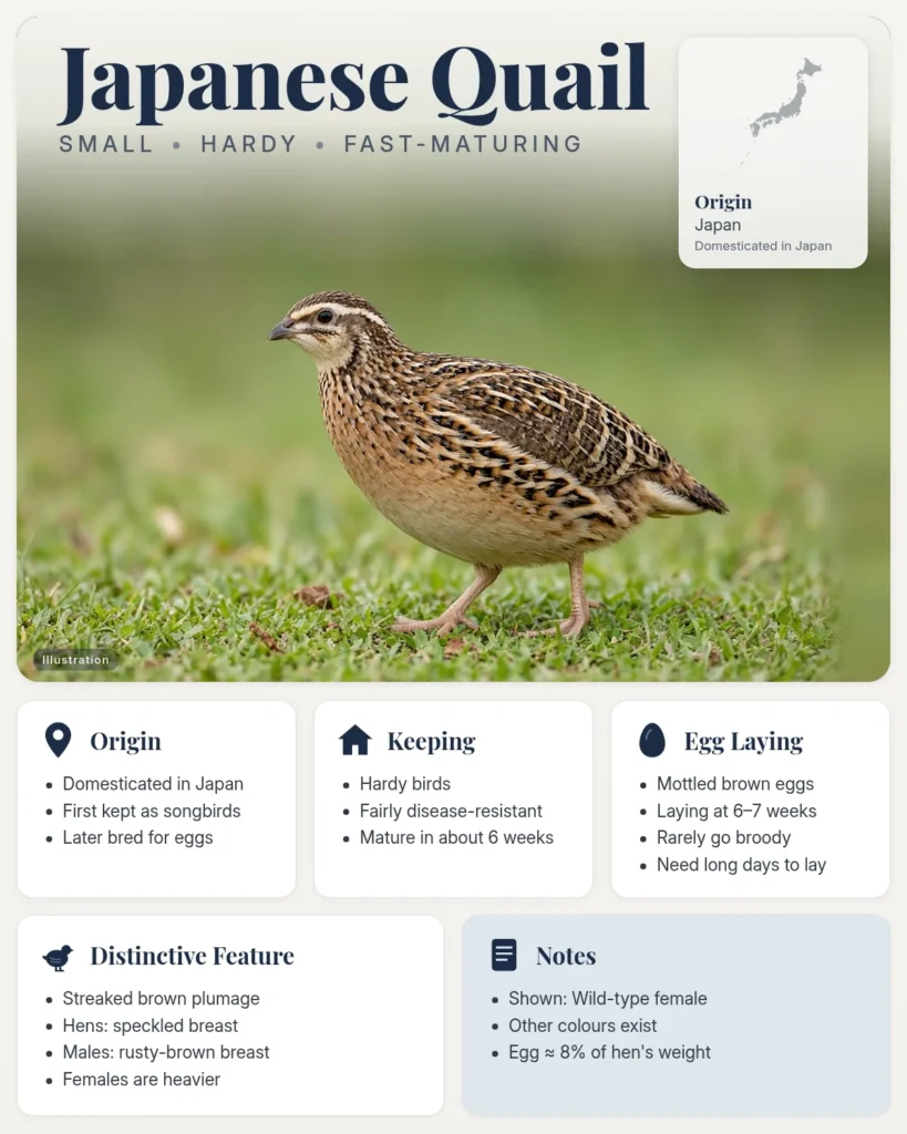 Japanese quail breed info card: illustration of a wild-type female Japanese quail with streaked brown plumage, with origin, keeping, eggs and distinctive feature facts