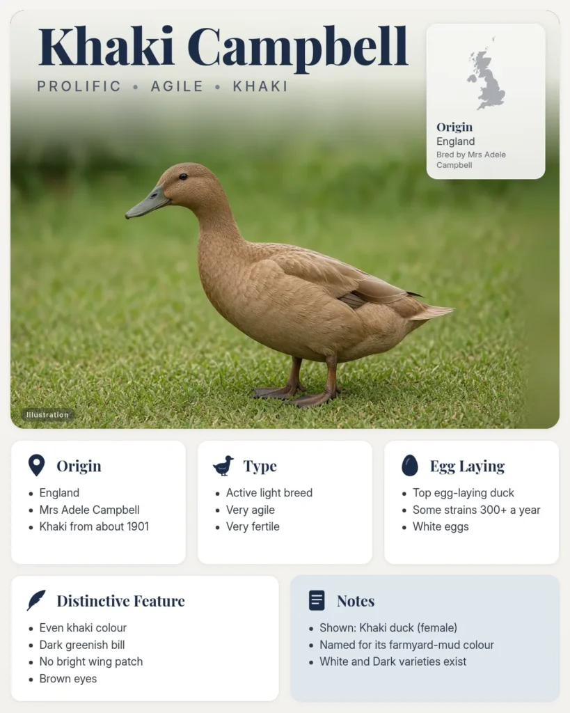 Khaki Campbell duck breed info card: illustration of a khaki-brown Khaki Campbell duck, with origin, type, eggs and distinctive feature facts