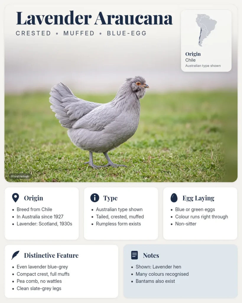 Lavender Araucana chicken breed info card: illustration of a lavender-grey Araucana hen of the Australian tailed, crested and muffed type, with origin, type, eggs and distinctive feature facts