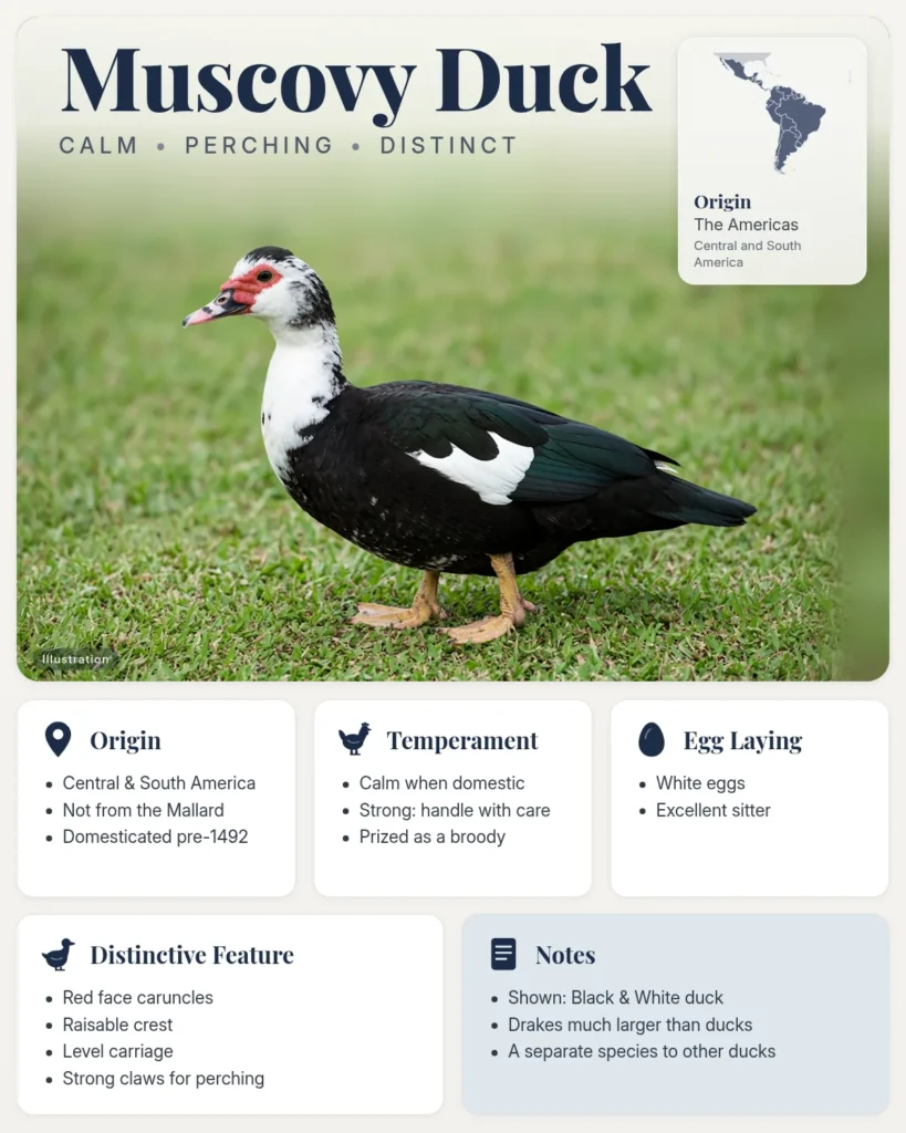 Muscovy duck breed info card: illustration of a black-and-white Muscovy duck with red face caruncles, with origin, temperament, eggs and distinctive feature facts
