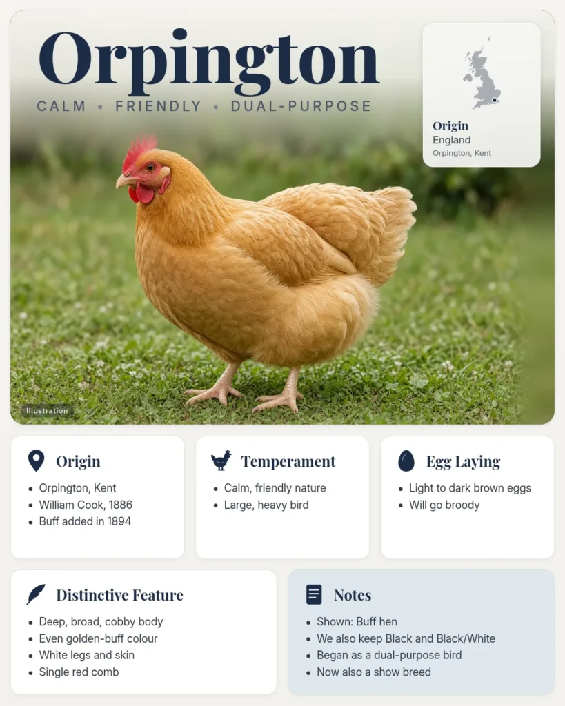 Orpington chicken breed info card: illustration of a Buff Orpington hen with origin, temperament, eggs and distinctive feature facts