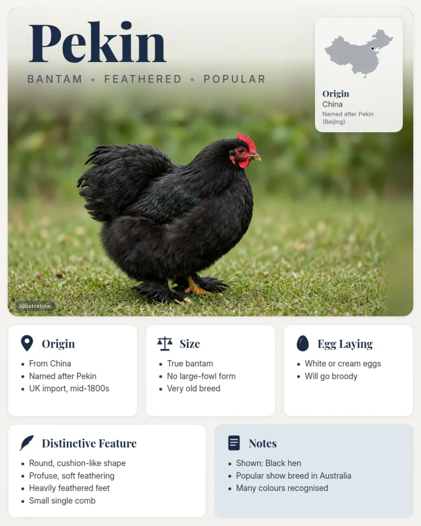 Pekin bantam breed info card: illustration of a black Pekin bantam hen with feathered feet, with origin, size, eggs and distinctive feature facts