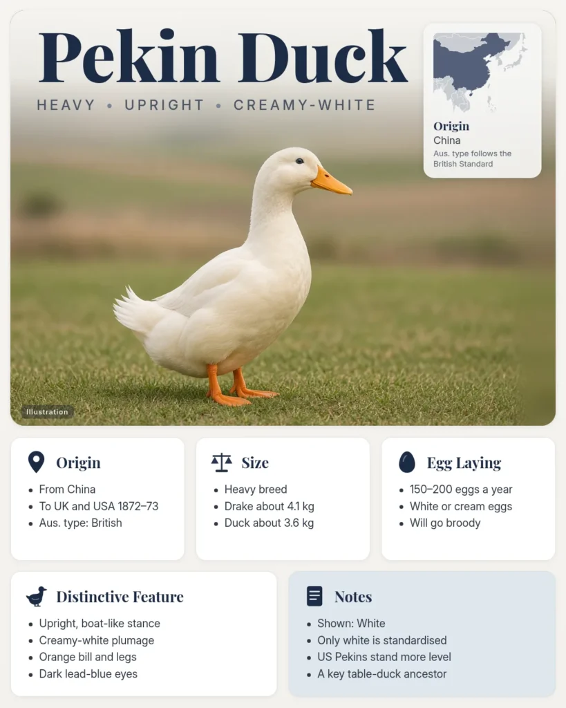 Pekin duck breed info card: illustration of an upright creamy-white Pekin duck with an orange bill, with origin, size, eggs and distinctive feature facts