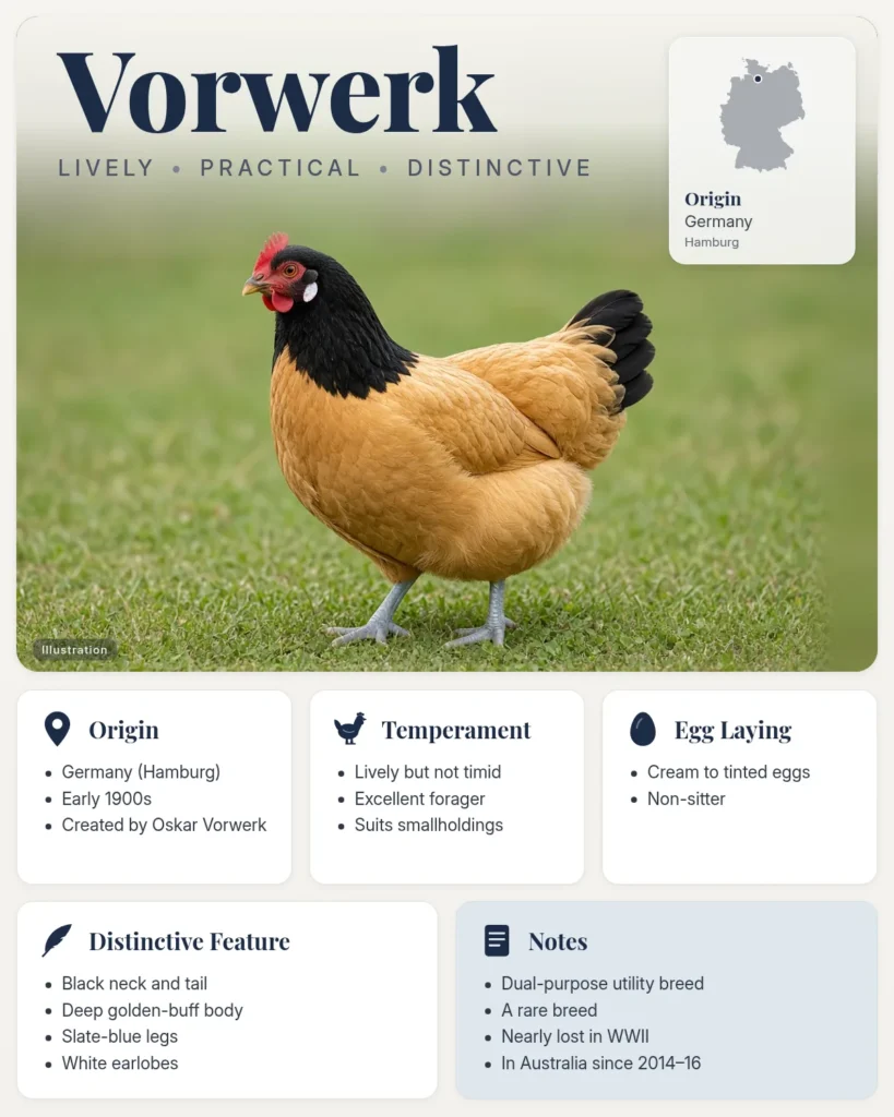 Vorwerk chicken breed info card: illustration of a Vorwerk hen with a black neck and tail and golden-buff body, with origin, temperament, eggs and distinctive feature facts