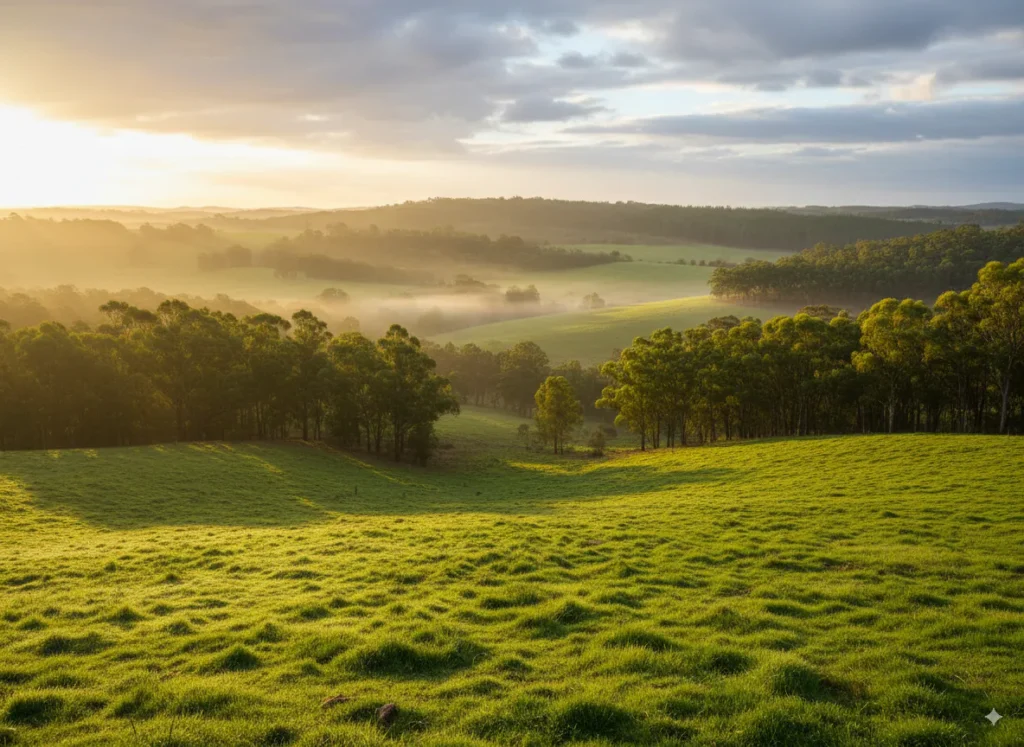 Green grassy paddock and stands of trees in low golden sunlight, with mist over rolling hills behind