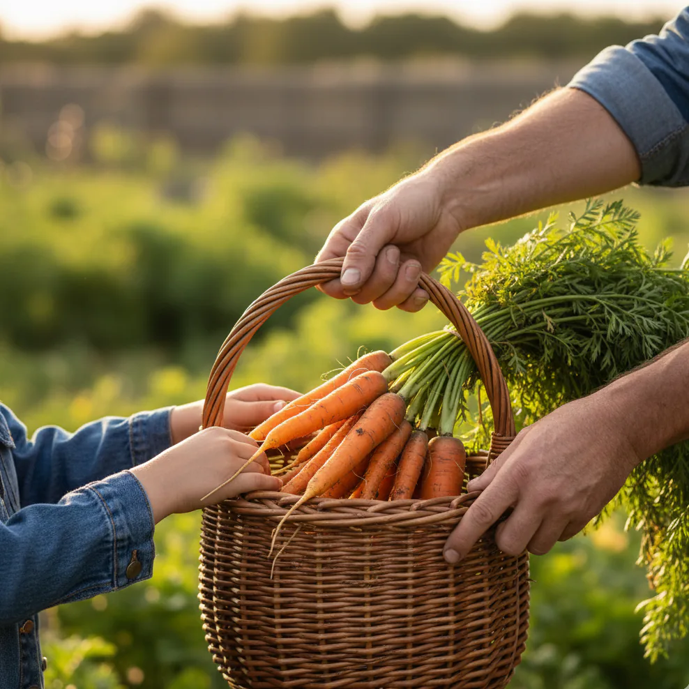 An adult's hands passing a wicker basket of freshly pulled carrots to a child's hands in a vegetable garden