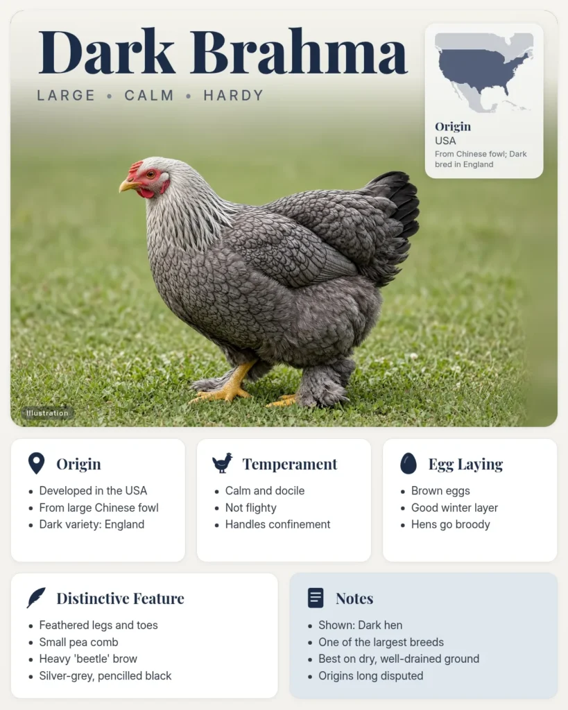 Dark Brahma chicken breed info card: illustration of a Dark Brahma hen with grey-and-black feathering and feathered legs, with origin, temperament, eggs and distinctive feature facts