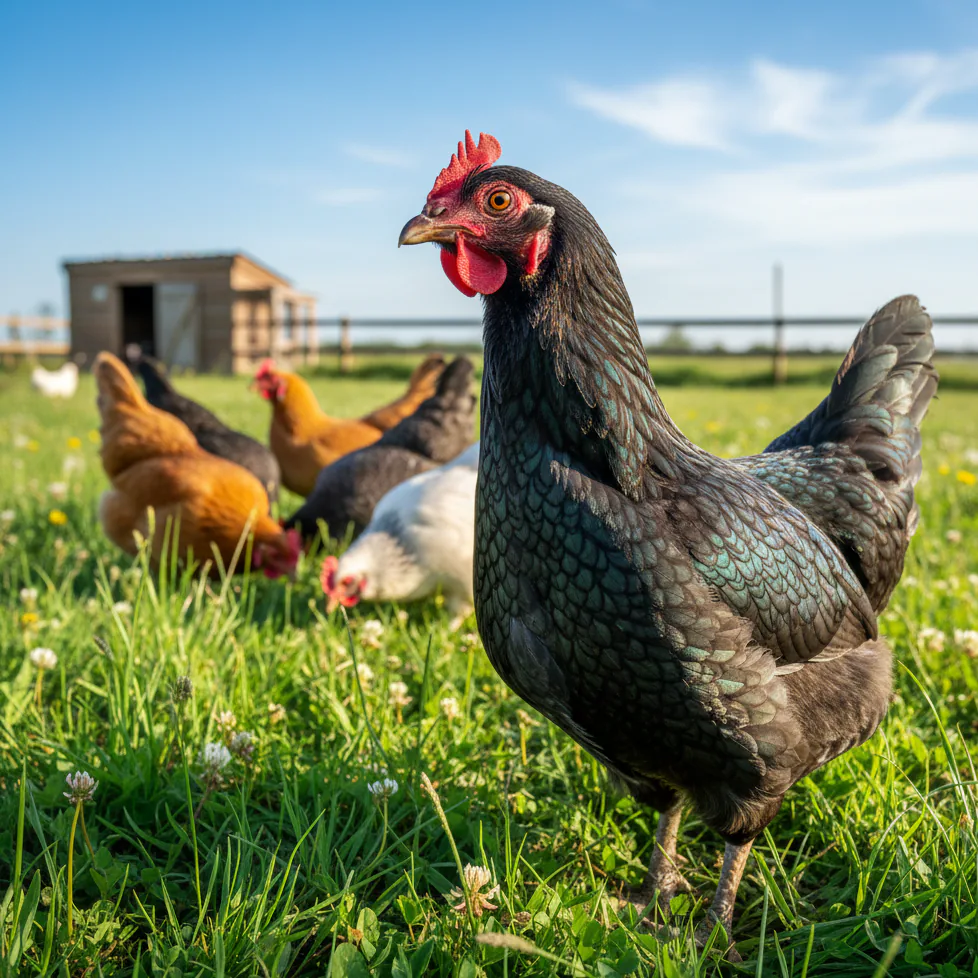 A black hen with a red comb standing in grass, with brown, black and white hens foraging behind near a wooden shed and fence