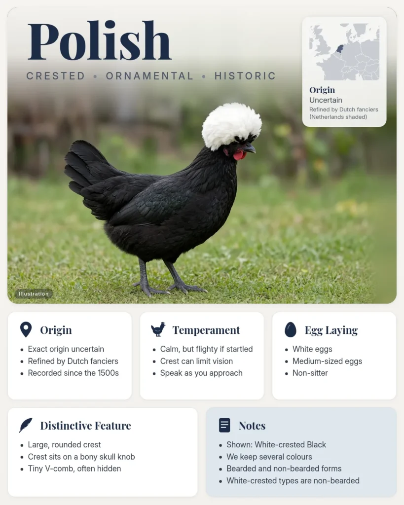 Polish chicken breed info card: illustration of a White-crested Black Polish hen with a large white crest, with origin, temperament, eggs and distinctive feature facts