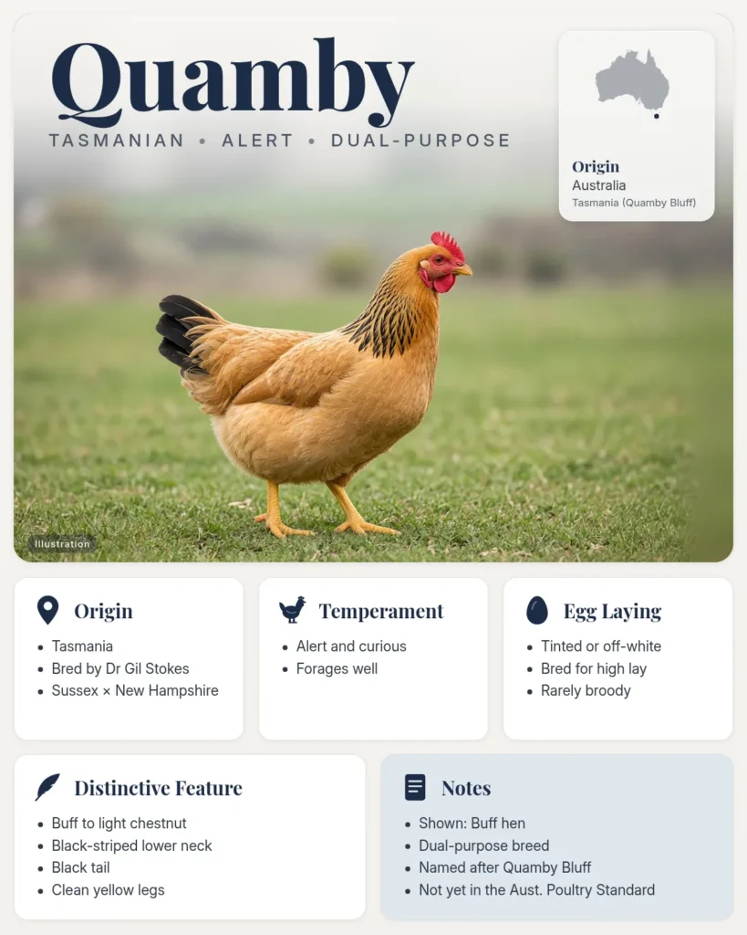 Quamby chicken breed info card: illustration of a buff Quamby hen with a black-striped neck and black tail, with origin, temperament, eggs and distinctive feature facts