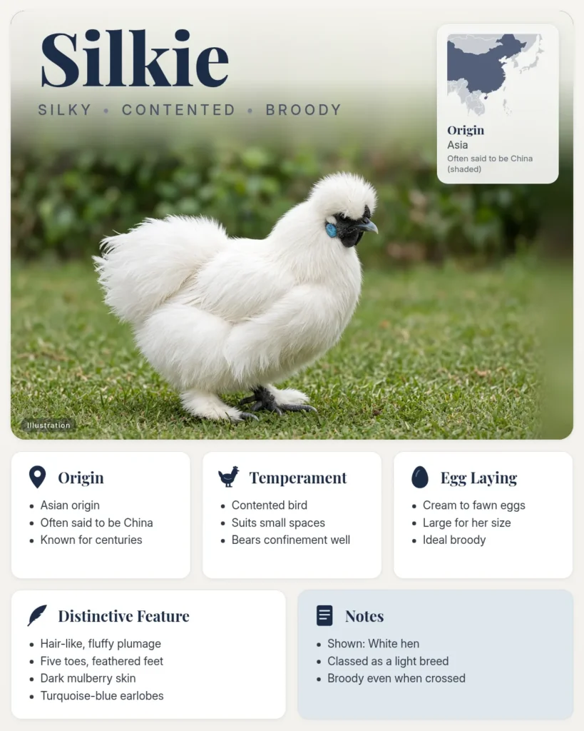 Silkie chicken breed info card: illustration of a white Silkie hen with origin, temperament, eggs and distinctive feature facts