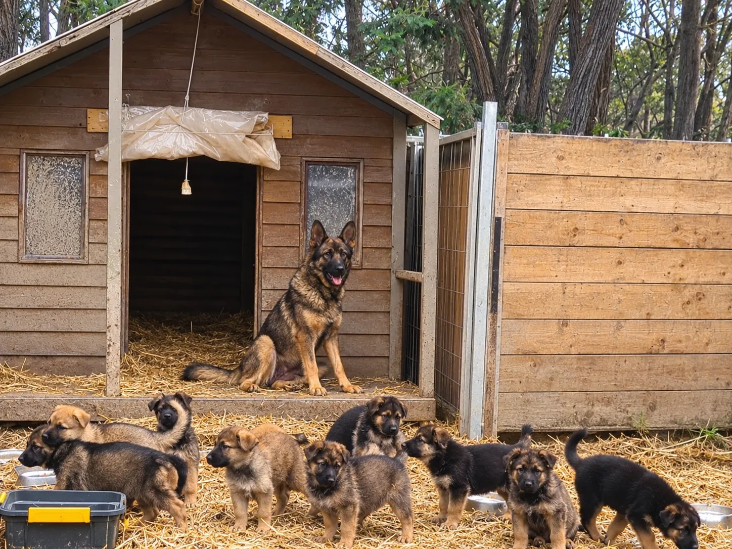 Daisy, our German Shepherd, with her litter of puppies at the kennel