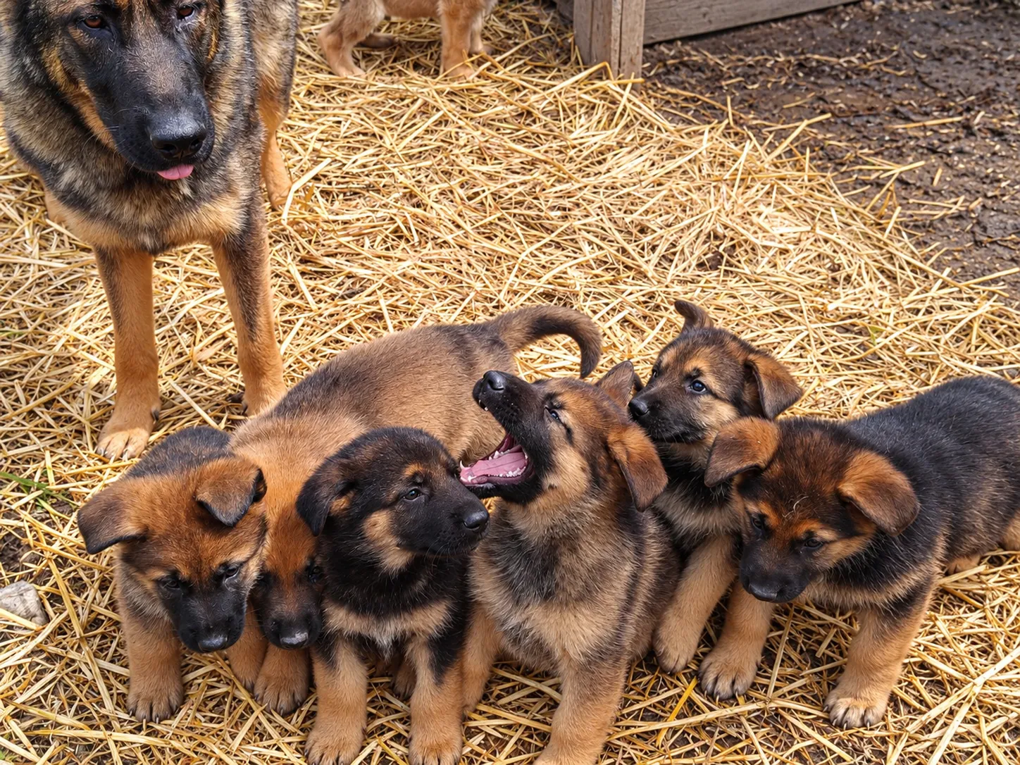 Daisy, our German Shepherd, with six puppies from her last litter on straw